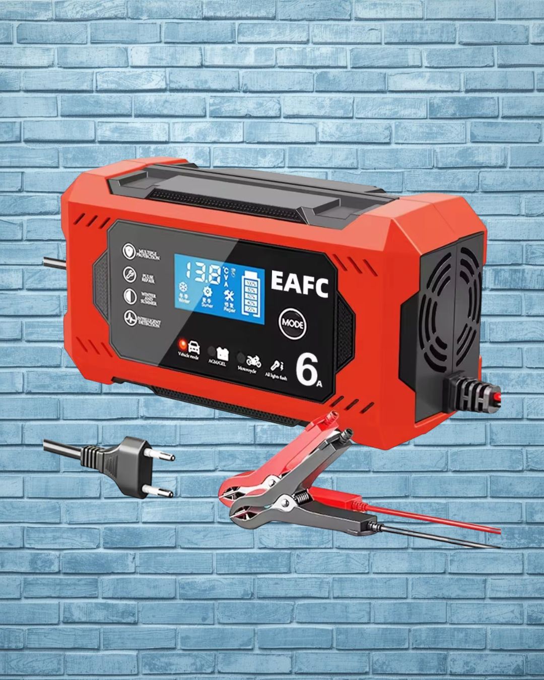 Cargador Batería Inteligente 12V 6A - Coche, Moto, Camión con Pantalla LCD