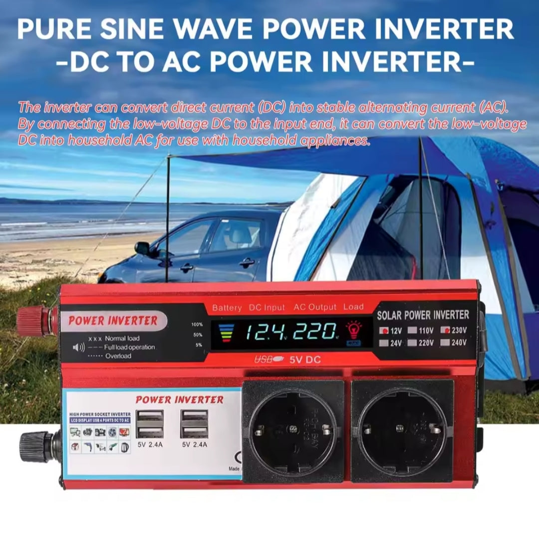 Inversor Corriente 3000W 12V a 220V - 4 USB + Pantalla LED para Coche y Caravana