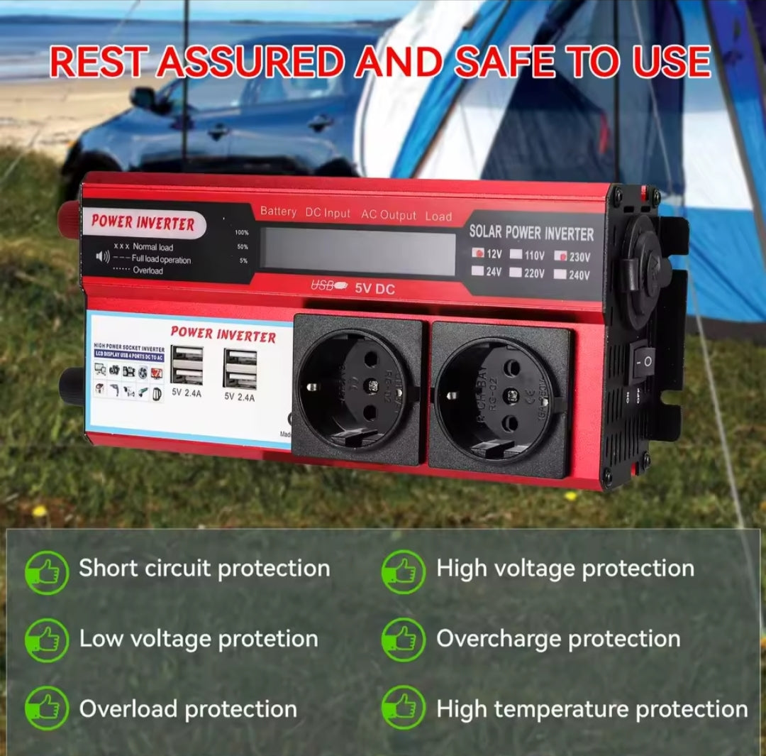 Inversor Corriente 3000W 12V a 220V - 4 USB + Pantalla LED para Coche y Caravana
