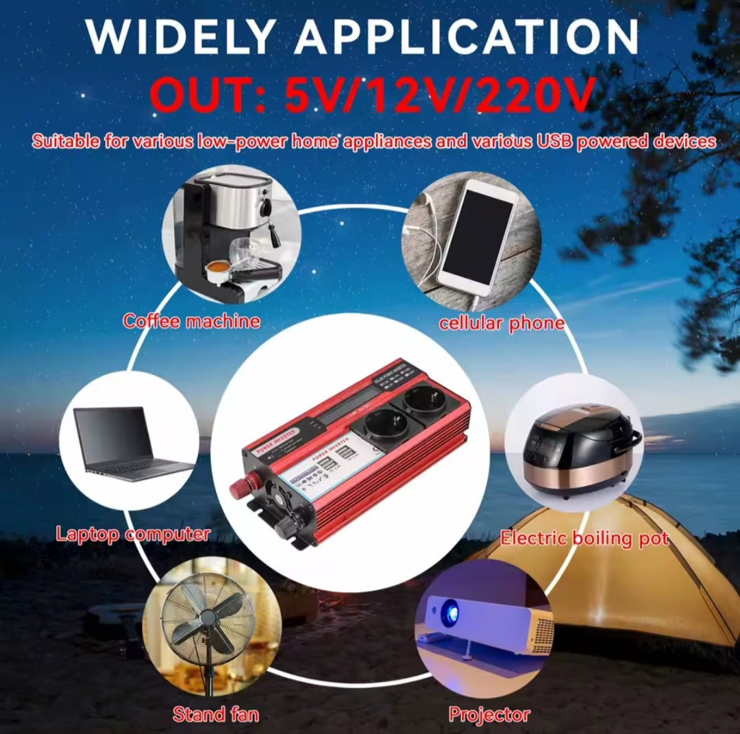 Inversor Corriente 3000W 12V a 220V - 4 USB + Pantalla LED para Coche y Caravana