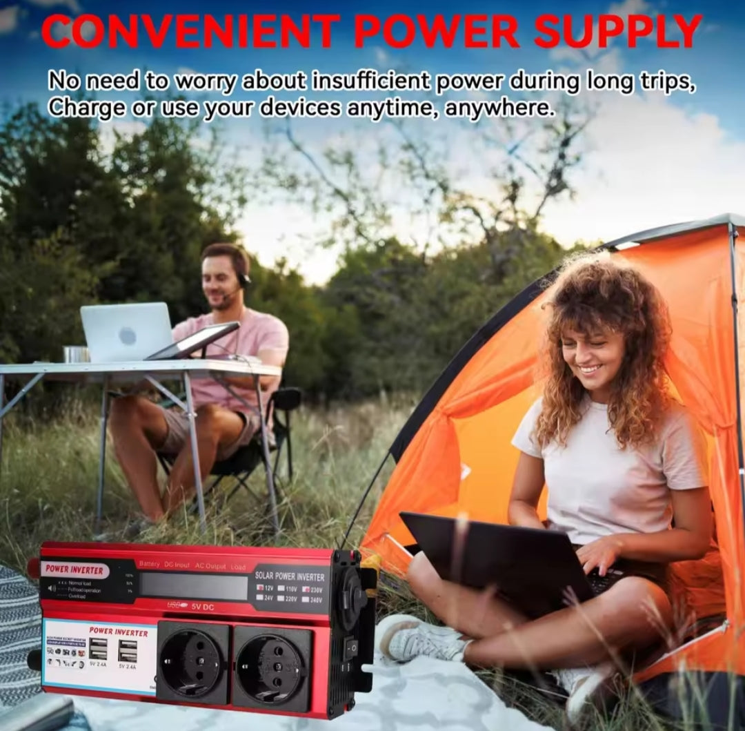 Inversor Corriente 3000W 12V a 220V - 4 USB + Pantalla LED para Coche y Caravana