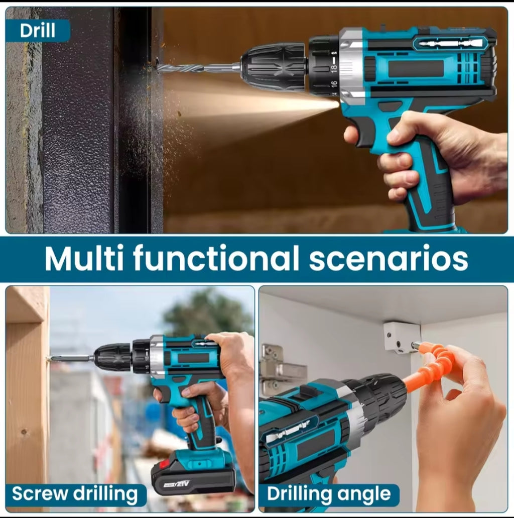 Taladro Inalámbrico 18V 45N.m + Kit 23 Piezas - 2 Baterías Litio Incluidas