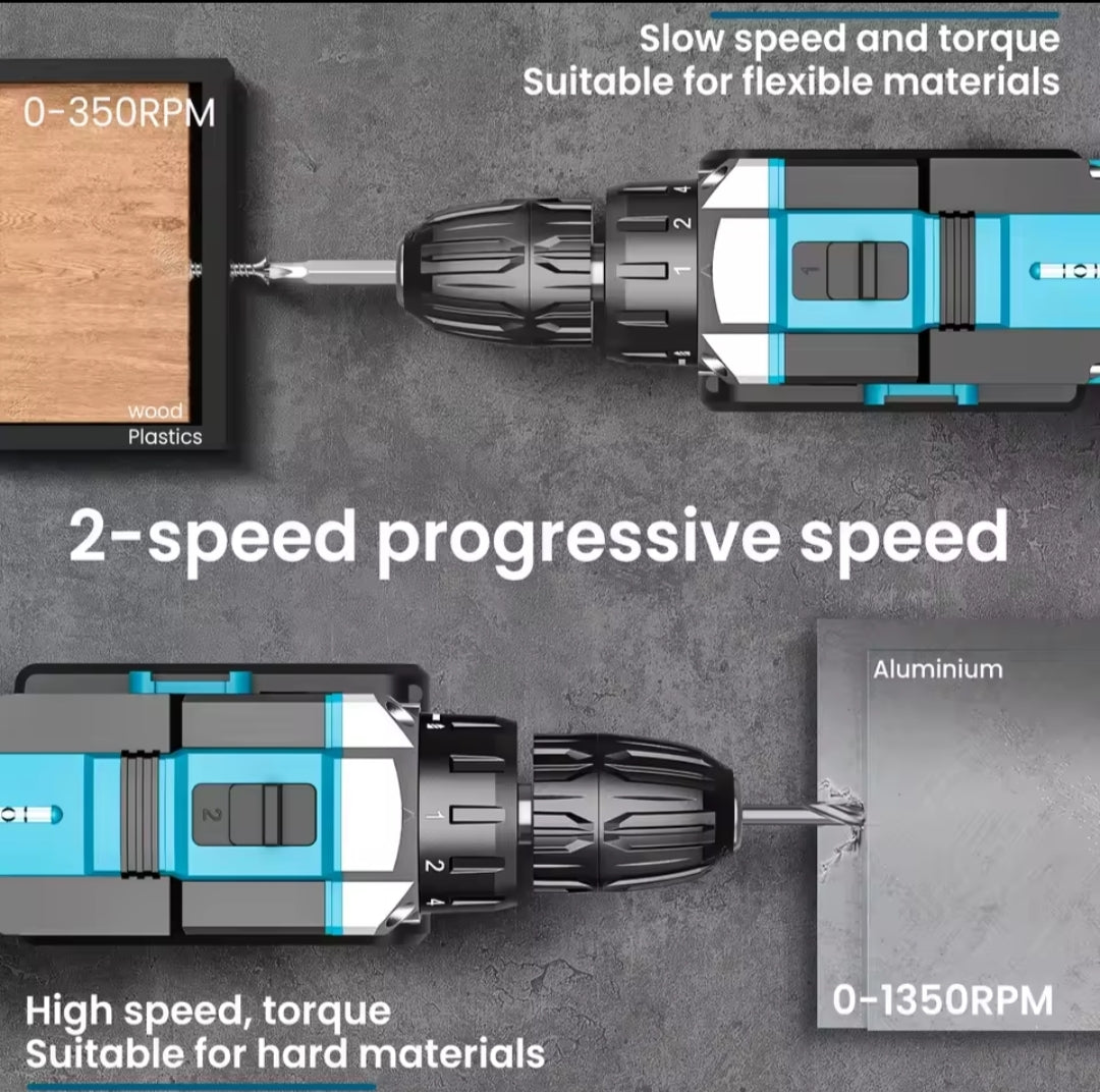 Taladro Inalámbrico 18V 45N.m + Kit 23 Piezas - 2 Baterías Litio Incluidas