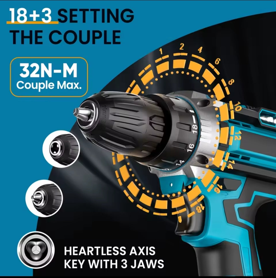 Taladro Inalámbrico 18V 45N.m + Kit 23 Piezas - 2 Baterías Litio Incluidas