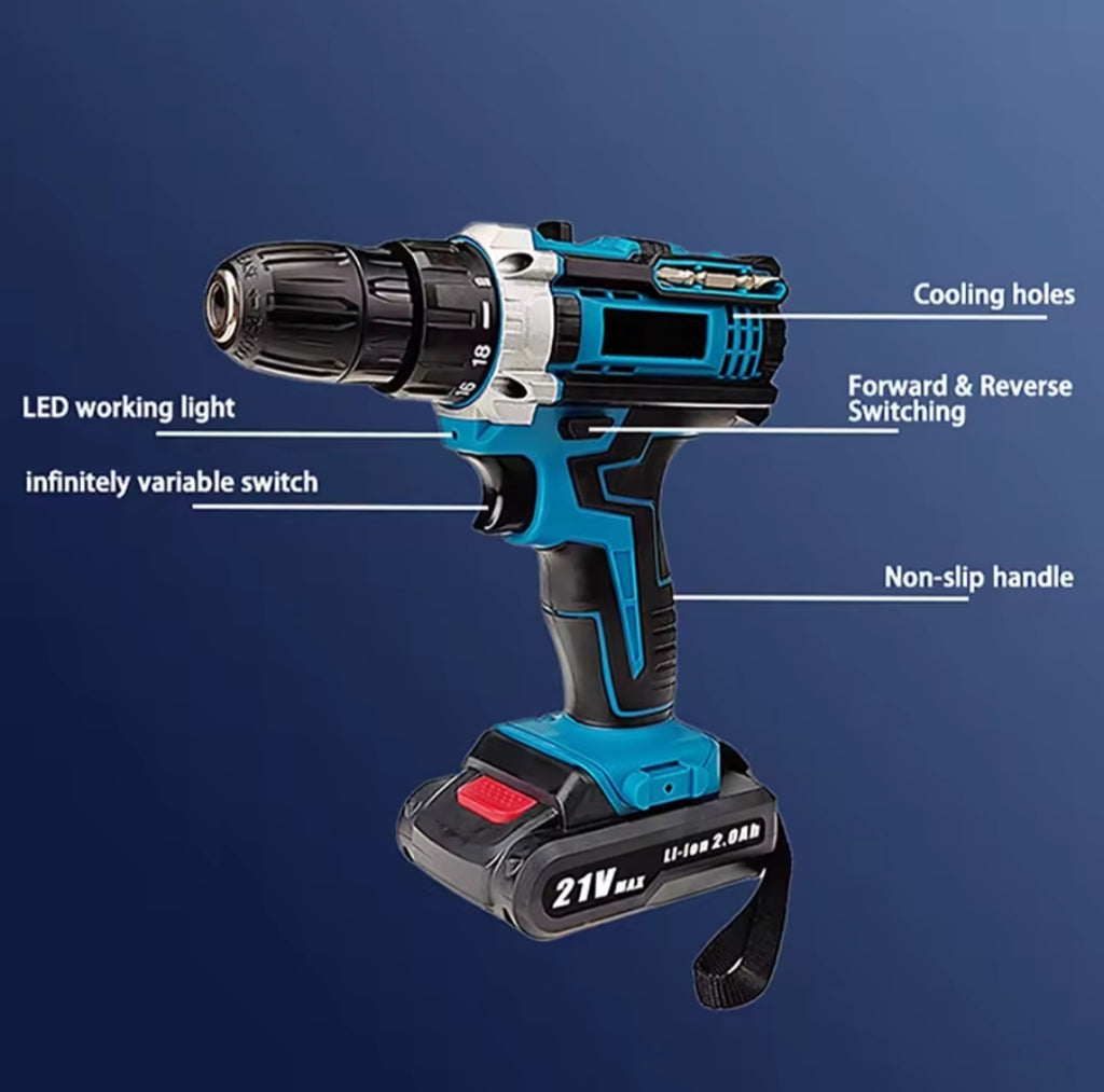 Taladro Inalámbrico 18V 45N.m + Kit 23 Piezas - 2 Baterías Litio Incluidas