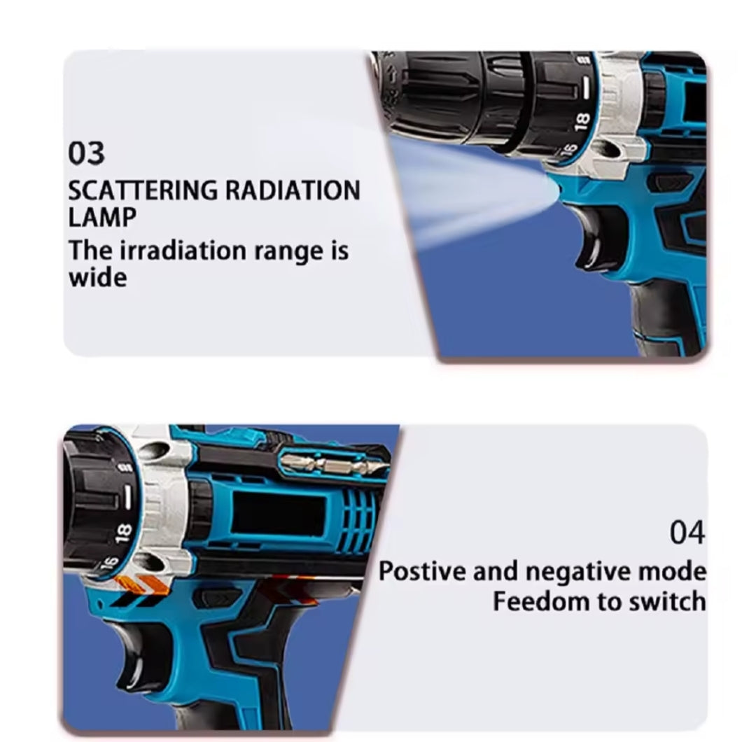 Taladro Inalámbrico 18V 45N.m + Kit 23 Piezas - 2 Baterías Litio Incluidas