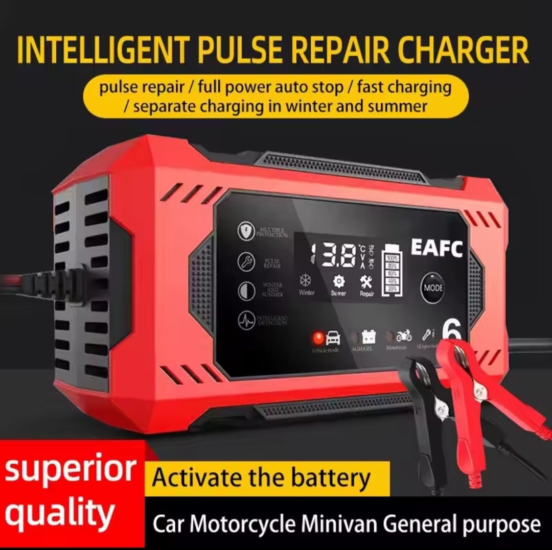 Cargador Batería Inteligente 12V 6A - Coche, Moto, Camión con Pantalla LCD