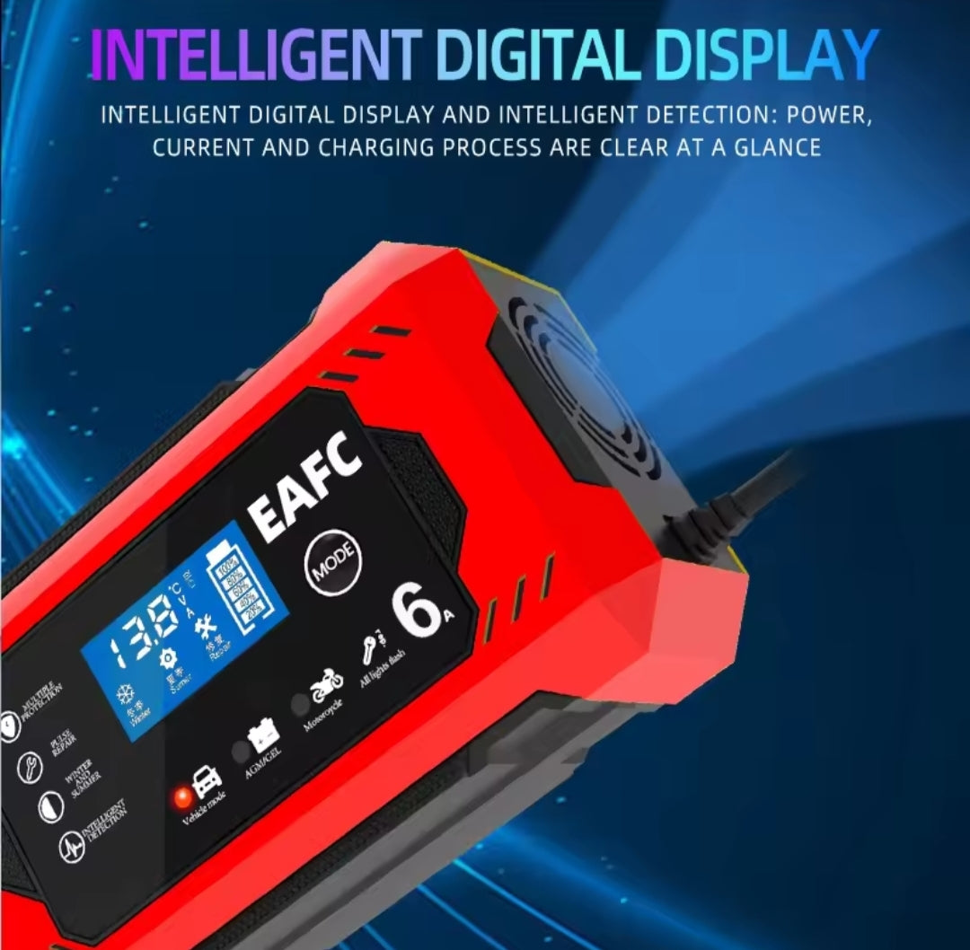 Cargador Batería Inteligente 12V 6A - Coche, Moto, Camión con Pantalla LCD