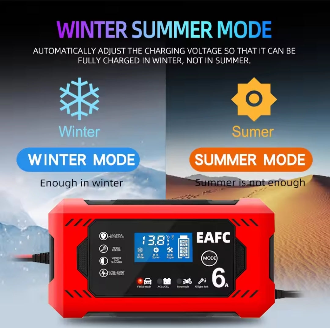 Cargador Batería Inteligente 12V 6A - Coche, Moto, Camión con Pantalla LCD