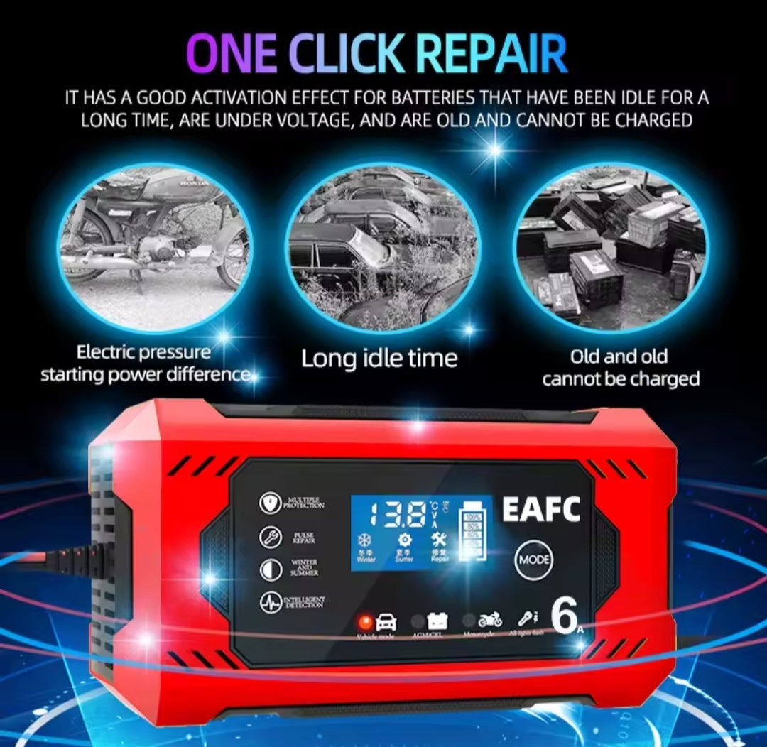 Cargador Batería Inteligente 12V 6A - Coche, Moto, Camión con Pantalla LCD