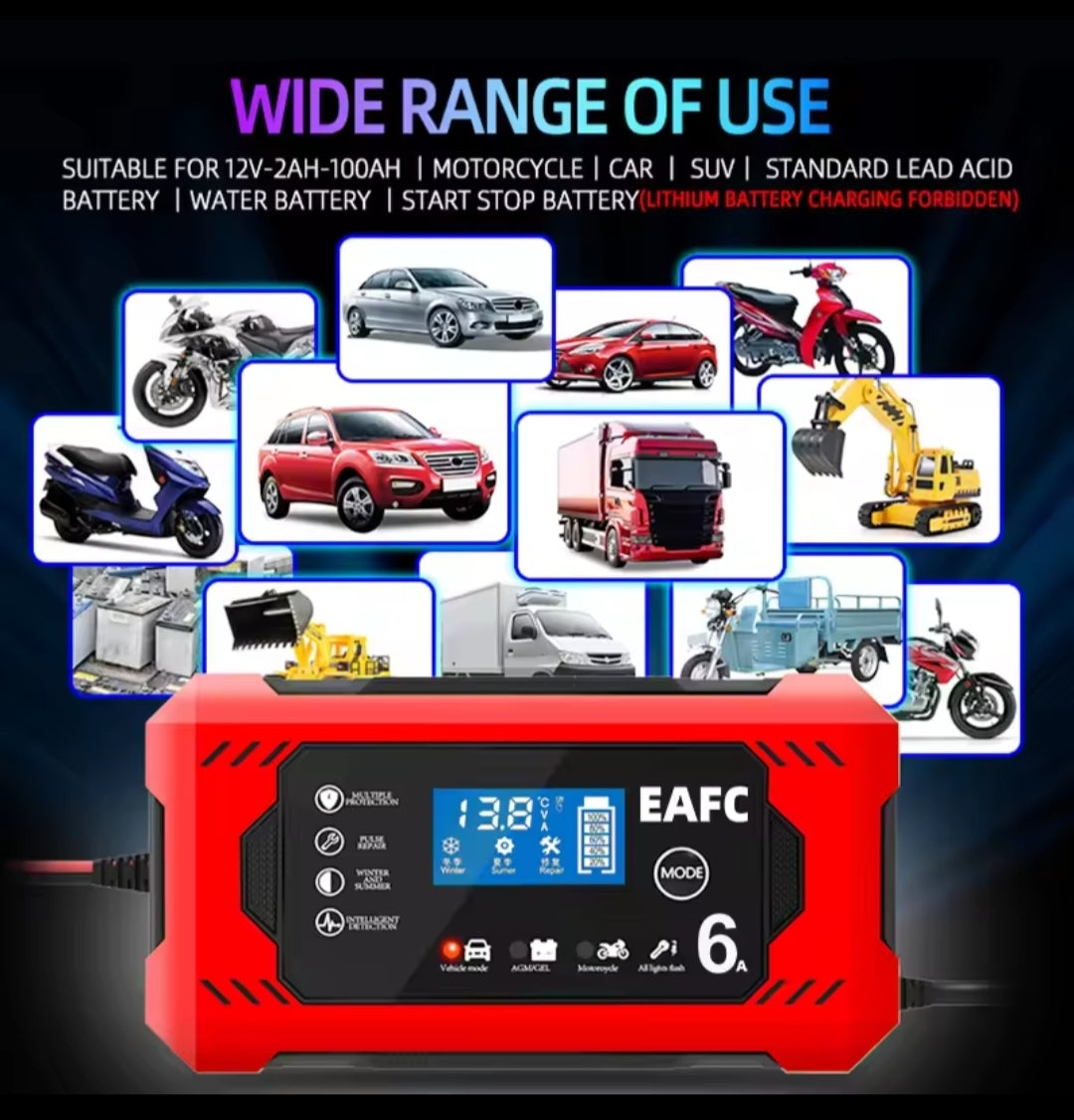 Cargador Batería Inteligente 12V 6A - Coche, Moto, Camión con Pantalla LCD