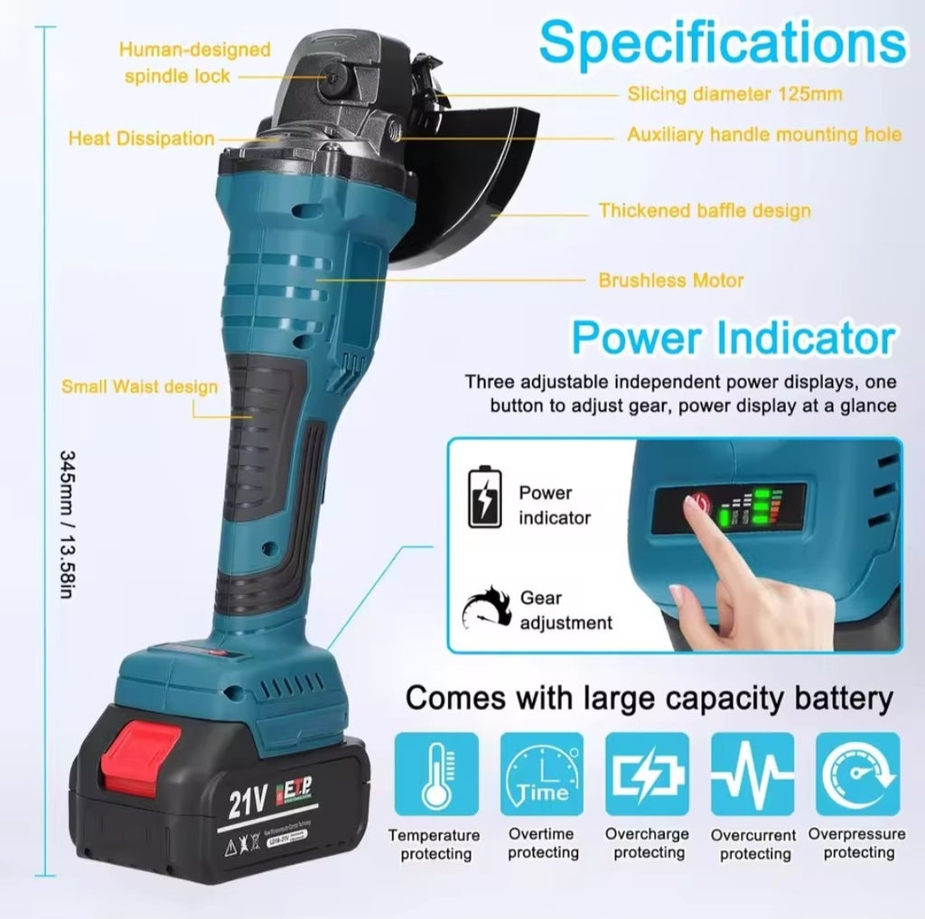 Amoladora Angular Inalámbrica 18V 125mm Sin Escobillas - 3 Velocidades Compatible Makita