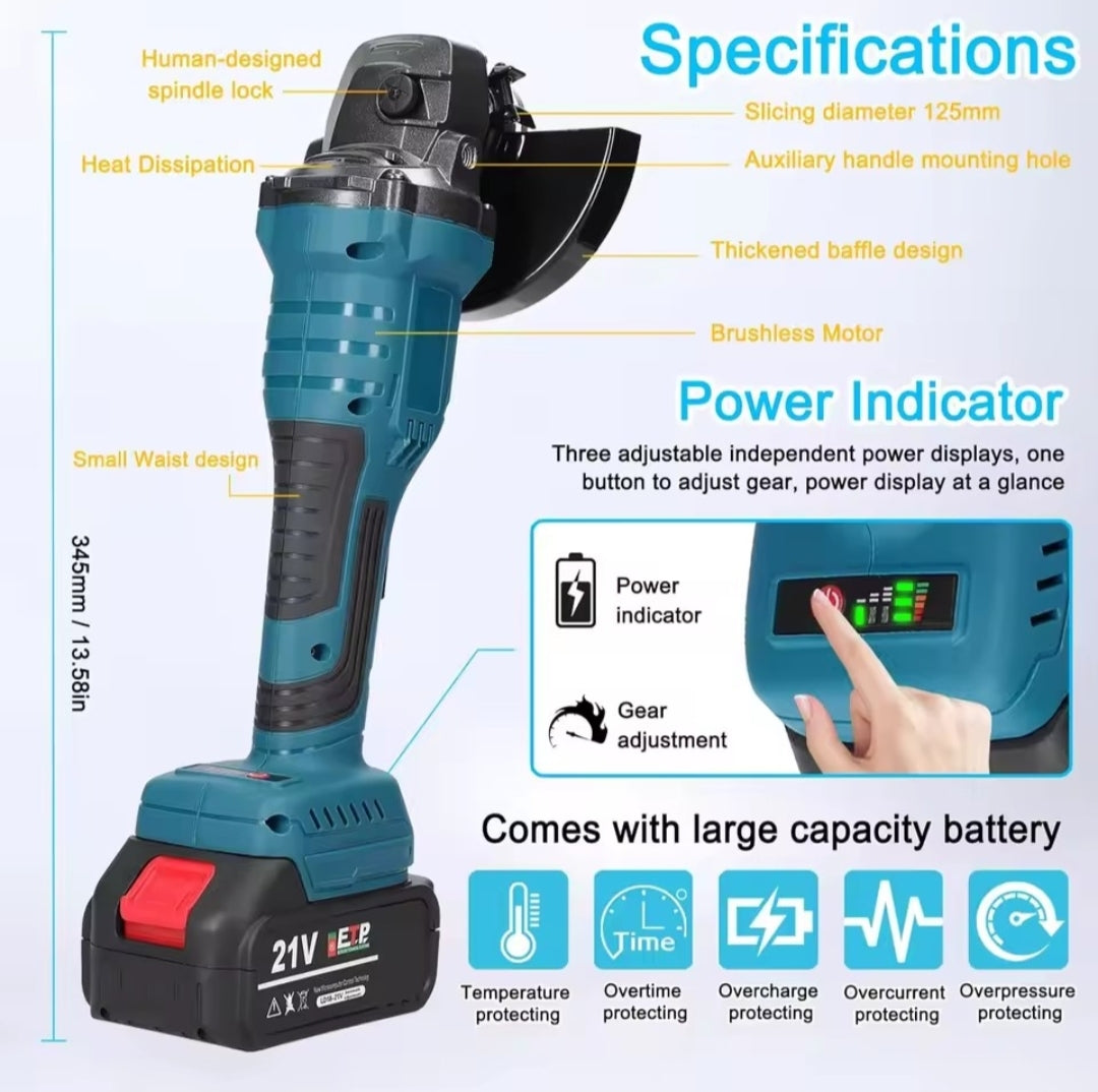 Amoladora Angular Inalámbrica 18V 125mm Sin Escobillas - 3 Velocidades Compatible Makita