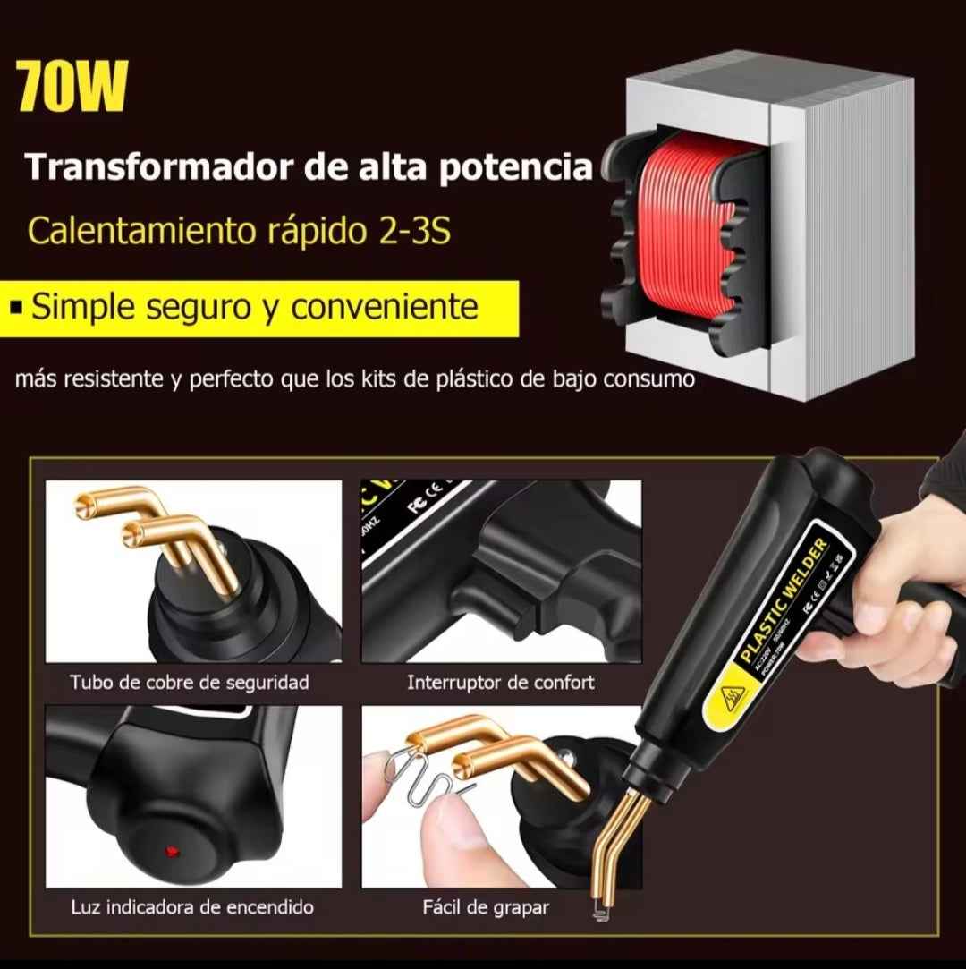 Pistola Soldadura Plástico 70W - Kit Reparación Parachoques + 400 Grapas