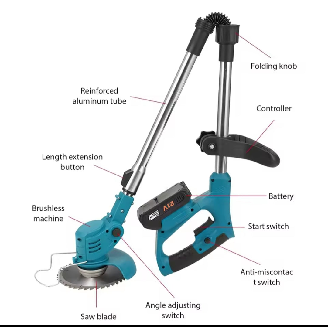 Desbrozadora Inalámbrica 21V 1500W Plegable - Cortacésped Telescópico con 2 Baterías