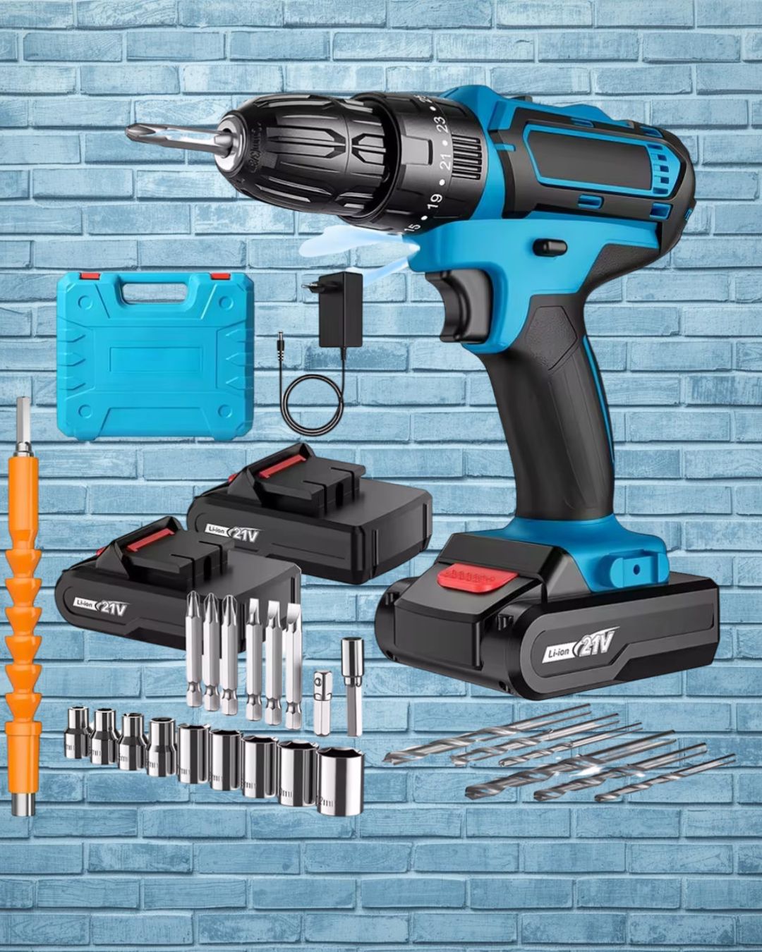 Taladro Inalámbrico 18V 45N.m + Kit 23 Piezas - 2 Baterías Litio Incluidas