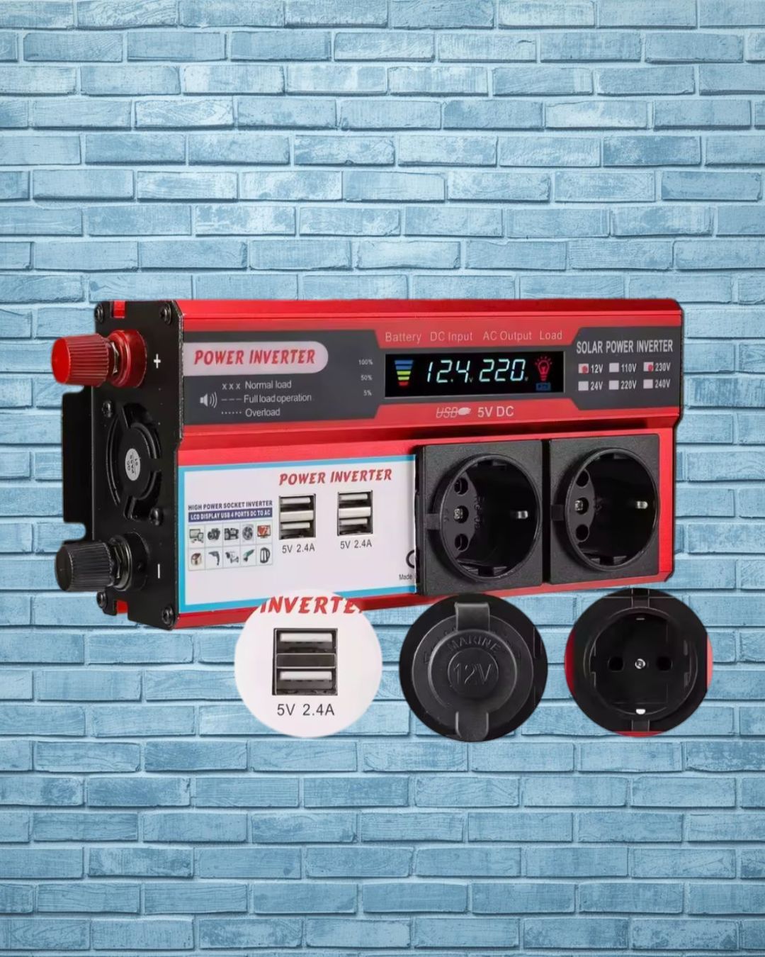 Inversor Corriente 3000W 12V a 220V - 4 USB + Pantalla LED para Coche y Caravana